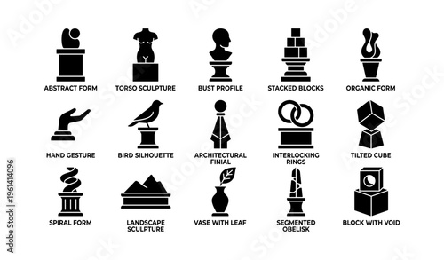 Modern sculpture icons featuring abstract forms and geometric shapes