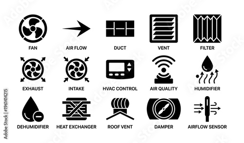 Hvac system icons: fan, air flow, vent, filter, sensor, control