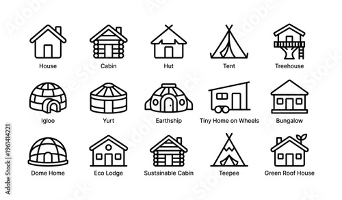 Diverse house icons: cabin, hut, tent, treehouse, yurt, earthship, tiny home, bungalow