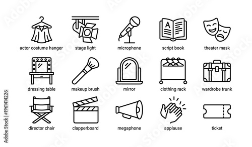 Theater equipment icons featuring microphone, theater mask, and stage light