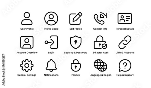 User interface icon set: profile, security, settings, communication, support