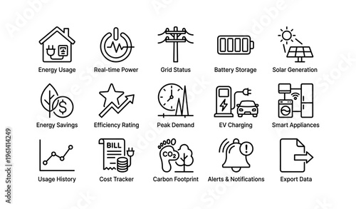 Smart home energy management icons: monitoring, efficiency, and sustainability