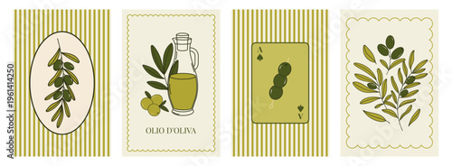 Italian and Greek summer poster set with olive branch wreath, oil and leaves. Mediterranean hand-drawn retro print wall art