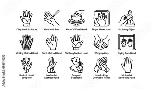 Black and white line art of various hand sculpting techniques and styles