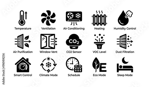 Set of icons illustrating home climate control and air quality features