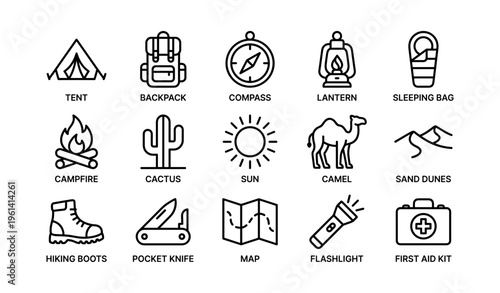 Camping and adventure icons: tent, backpack, compass, lantern, and gear