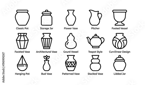 Various pottery icons: classic, storage, flower, pitcher, footed, faceted, gourd, teapot, curvilinear, hanging, bud, patterned, stacked, lidded