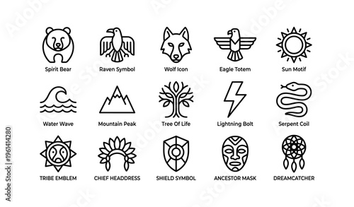 Indigenous symbols and totems design set with animals, nature motifs, and cultural emblems