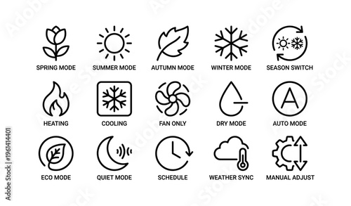 Icon set for seasonal climate modes and temperature adjustments