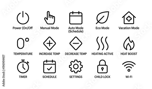 Smart home control icons for temperature and mode settings