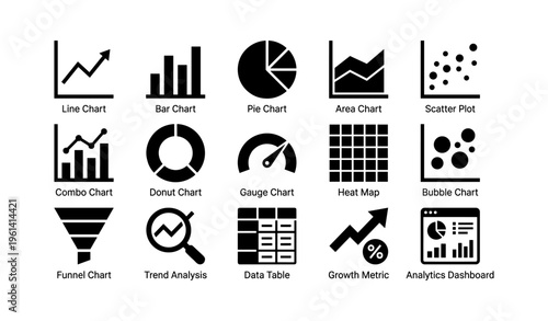 Data visualization icons: charts, graphs, and metrics for analytical insights