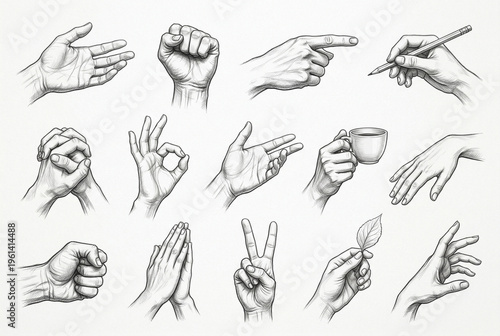 set of multiple pencil sketches of human hands, different gestures and positions, open hand, fist, pointing, holding, detailed anatomy study, clean white background, consistent style, graphite shading