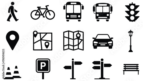 Transportation navigation icons set, pedestrian, bicycle, bus, car, traffic, parking, and map pin symbols in solid style, urban mobility and navigation interface concept, modern flat vector 