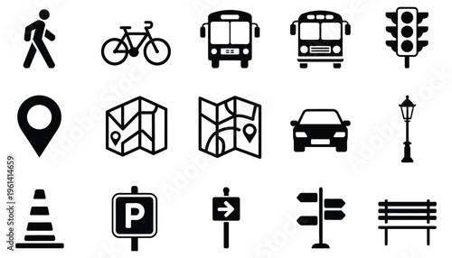 Transportation navigation icons set, featuring pedestrian, bicycle, bus, car, traffic signs, parking, and map location symbols, solid style, navigation and mobility concept, minimal flat design, 