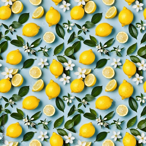 Lemons, half-sliced lemons, and white flowers with green leaves against a light blue background, repeating in a seamless pattern. Seamless pattern, four tiles