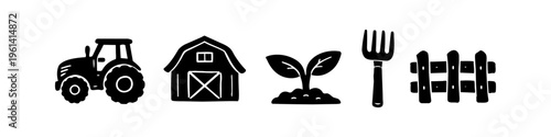 Set of hand-drawn farm and agriculture icons in black silhouette, including a tractor, barn, seedling, pitchfork, and wooden fence, isolated on a white background.