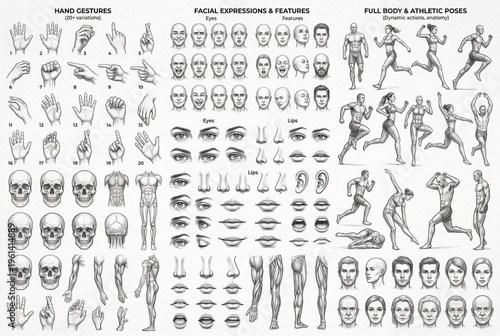 huge mega bundle of realistic pencil sketches, including human hands in multiple gestures, facial expressions, full body poses, athletic figures, eyes, noses, lips, different angles and variations, hi
