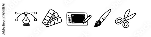 Hand-drawn doodle set of graphic design and art tools icons: pen tool, color palette, graphics tablet, brush, and scissors. Minimalist black ink sketch on white background.
