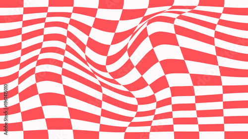 Red psychedelic checkerboard wavy pattern. Retro tippy abstract checkered wallpaper