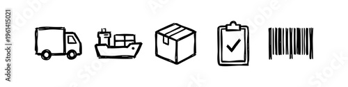 Hand-drawn logistics and shipping icon set featuring a delivery truck, cargo ship, package, checklist, and barcode. Black doodle-style symbols for supply chain and transportation concepts.