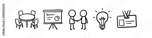 Set of hand-drawn business doodle icons including a meeting table, presentation board, handshake, light bulb, and ID badge. Minimalist black ink sketch isolated on white background.