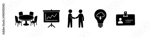 Set of black business icons including a meeting table, presentation chart, handshake, brainstorming lightbulb, and ID badge on a white background. Perfect for corporate and office concepts.