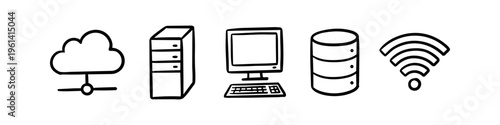 Hand-drawn technology and networking icon set featuring cloud, server, desktop computer, database, and Wi-Fi symbols. Minimalist black and white doodle illustrations for IT and web design.