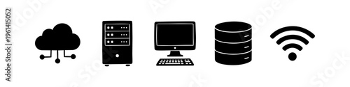 Set of hand-drawn technology icons featuring a cloud, server, computer, database, and Wi-Fi symbol. Minimalist black vector illustrations perfect for IT, networking, and data storage concepts.