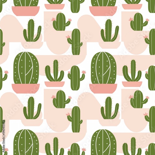 A cheerful pattern featuring various cacti in pink pots, against a light peach background. Succulents are various sizes and shapes, some blooming with pink flowers. Seamless pattern, four tiles