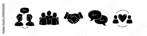 Set of hand-drawn icons representing communication, community, partnership, teamwork, and relationships in a flat black and white doodle style.