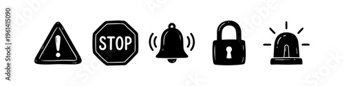 Set of hand-drawn security and warning icons: exclamation mark, stop sign, ringing bell, padlock, and emergency siren. Black ink doodle style icons isolated on white background for graphic design.