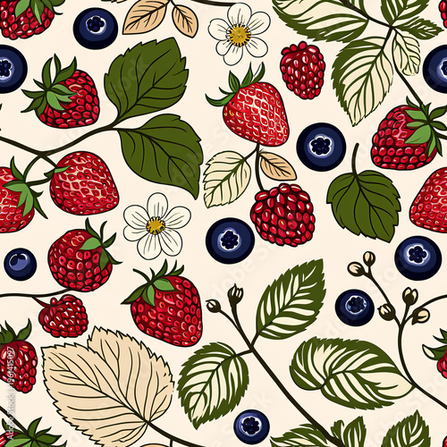 Pattern of strawberries, raspberries, blueberries, leaves and white flowers on a light beige background with bright, balanced colors