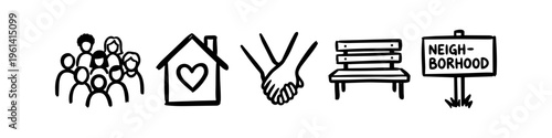 Hand-drawn icons of a community: a group of people, a house with a heart, holding hands, a park bench, and a neighborhood sign. Minimalist black ink doodle style on a white background.