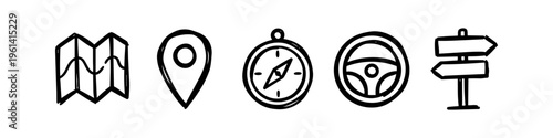 Set of hand-drawn travel and navigation icons in doodle style, featuring a map, location pin, compass, steering wheel, and signpost. Black ink sketch on white background for road trip design.