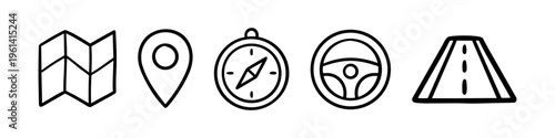 Hand-drawn navigation and travel icon set featuring a folded map, location pin, compass, steering wheel, and road. Minimalist black line art doodles ideal for road trip and driving designs.