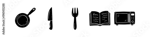Set of hand-drawn black kitchen icons featuring a frying pan, knife, fork, open cookbook, and microwave oven isolated on a white background. Minimalist doodle style culinary illustrations.
