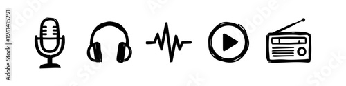 Hand-drawn audio icons set including a microphone, headphones, sound wave, play button, and radio. Sketchy doodle style for podcasting and music production concepts.