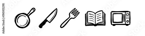 Minimalist hand-drawn kitchen icon set featuring a frying pan, chef knife, fork, open cookbook, and microwave oven. Black and white doodle style culinary illustrations on a white background.