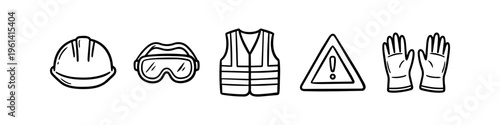 Set of hand-drawn line art icons representing personal protective equipment (PPE), including a hard hat, goggles, safety vest, warning sign, and gloves for industrial safety and construction work.