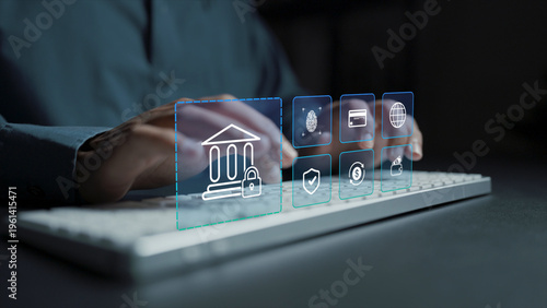 Digital banking security system concept. Person typing keyboard with secure transaction and financial icons, encrypted banking, and online finance management.