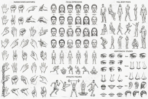 huge mega bundle of realistic pencil sketches, including human hands in multiple gestures, facial expressions, full body poses, athletic figures, eyes, noses, lips, different angles and variations, hi