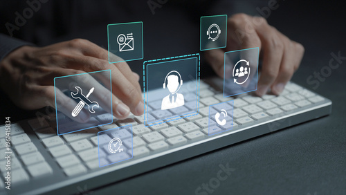 Digital technical support platform concept. Person typing keyboard with customer support and workflow icons, online assistance, task management, and service productivity.