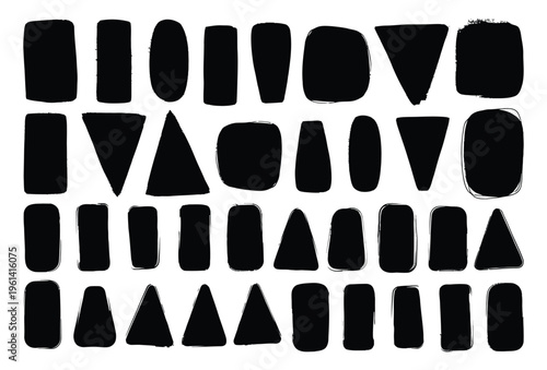 A collection of 35 black shapes on a white background