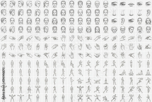 huge mega bundle of realistic pencil sketches, including human hands in multiple gestures, facial expressions, full body poses, athletic figures, eyes, noses, lips, different angles and variations, hi