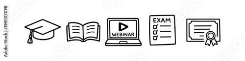 Hand-drawn education icons set featuring a graduation cap, open book, webinar laptop, exam paper, and diploma. Minimalist black line art for e-learning, online courses, and academic success concepts.
