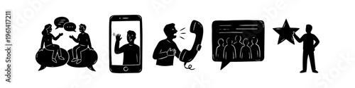 Hand-drawn communication icon set featuring video calls, social interaction, group discussion, and star ratings. Minimalist black and white doodle illustrations for business and social media.