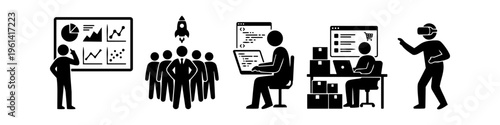 Set of business and technology icons including data analysis, startup launch, coding, e-commerce logistics, and virtual reality. Professional black and white minimalist silhouettes.
