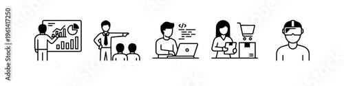 Set of professional business and technology line icons including data analysis, leadership, coding, e-commerce logistics, and virtual reality concepts.