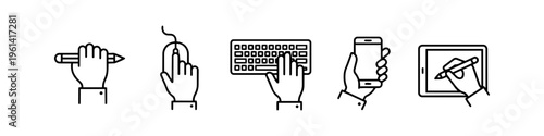 Minimalist line icon set of hands using digital and analog tools: pencil, mouse, keyboard, smartphone, and tablet. Concept of technology, office work, design, and digital interaction.
