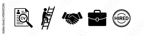 Set of black recruitment process icons including a resume, career growth ladder, handshake, briefcase, and a hired stamp on a white background.